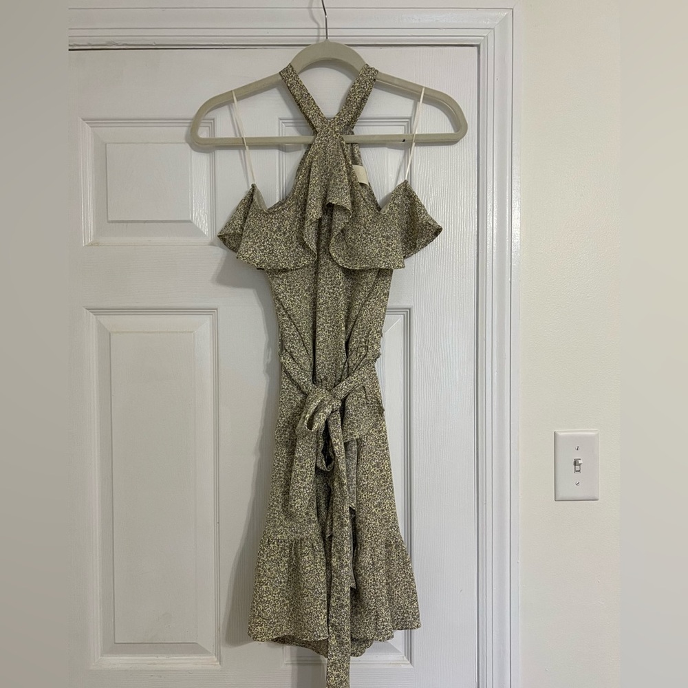 Light green floral mini dress with waist tie
